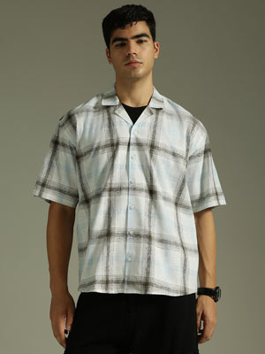 White & Light Blue: Half Sleeves Windowpane Checks Shirt
