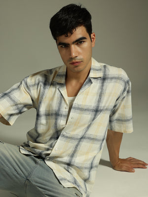 White & Beige: Half Sleeves Windowpane Checks Shirt