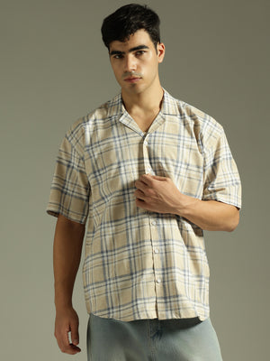 Beige & Blue: Half Sleeves Windowpane Checks Shirt