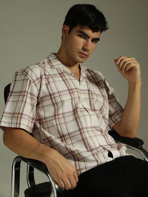 Beige & Maroon: Half Sleeves Tartan Checks Shirt