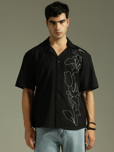 Black: Embroidered Drop Shoulder Oversized Shirt