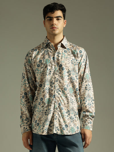 Beige: Full Sleeves Floral Printed Shirt