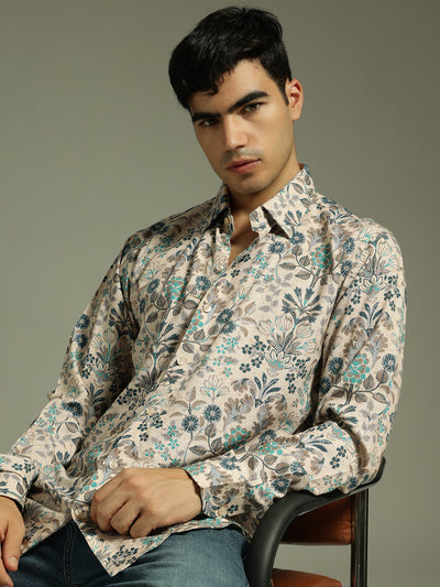 Beige: Full Sleeves Floral Printed Shirt