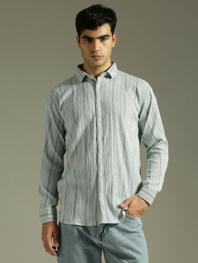 Green & White: Textured Drop Shoulder Casual Shirt