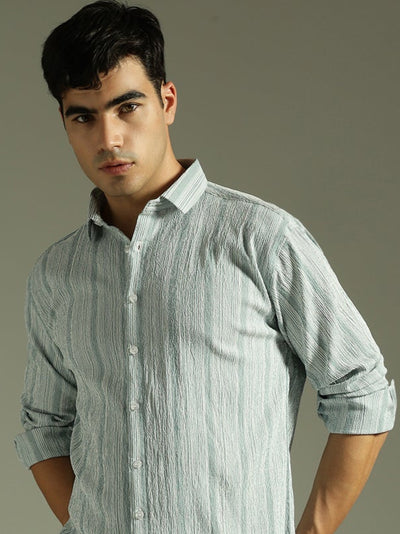 Green & White: Textured Drop Shoulder Casual Shirt