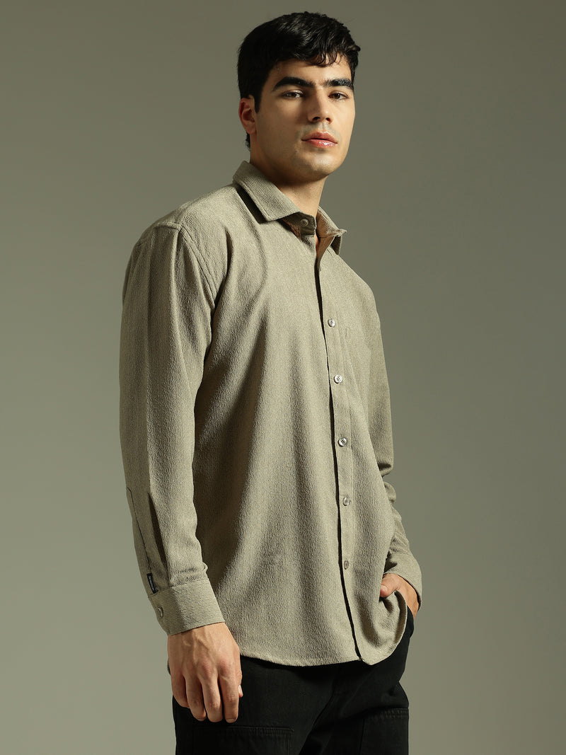Light Olive: Textured Drop Shoulder Casual Shirt