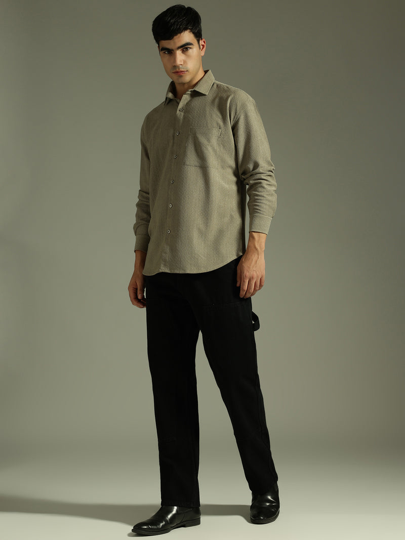 Light Olive: Textured Drop Shoulder Casual Shirt