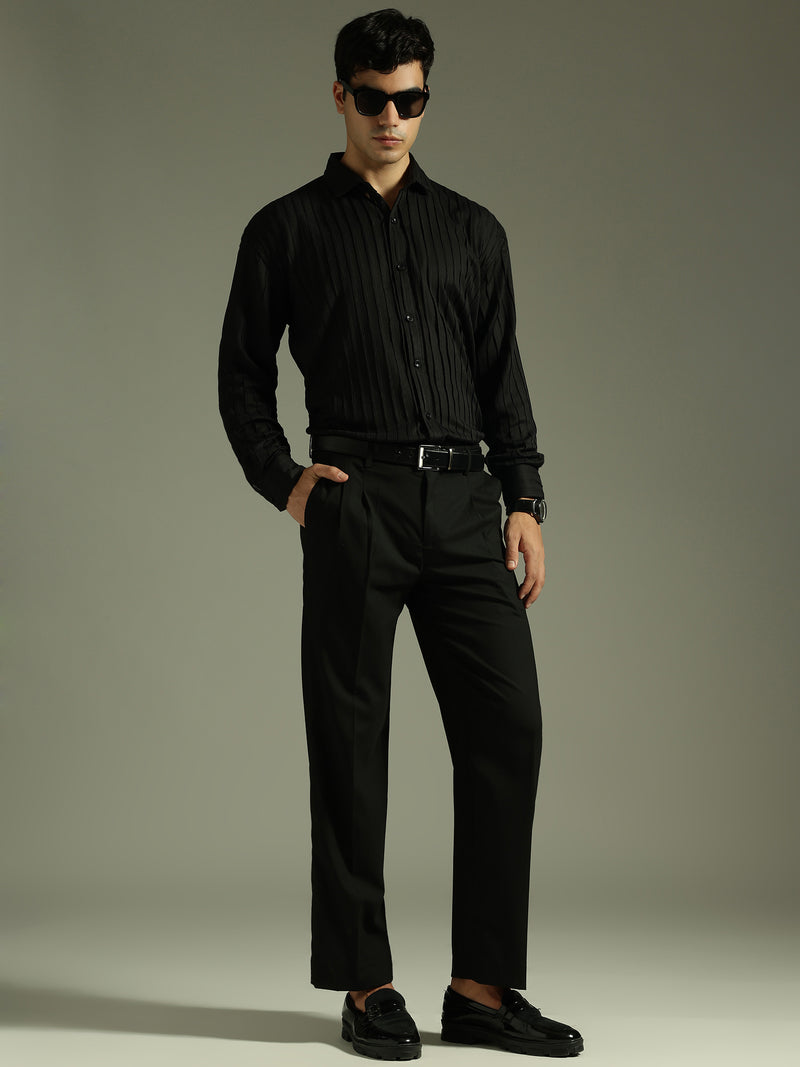 Black: Stretchable Pleated Drop Shoulder Casual Shirt
