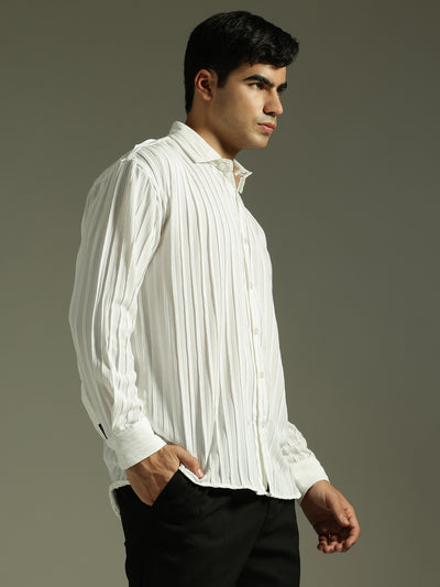 White: Stretchable Pleated Drop Shoulder Casual Shirt