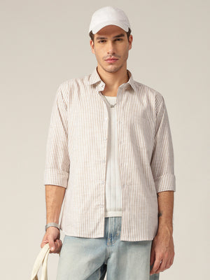 White & Beige: Vertical Stripes Formal Shirt