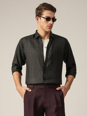 Black: Spread Collar Casual Linen Shirt