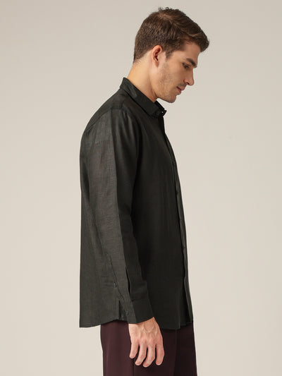 Black: Spread Collar Casual Linen Shirt