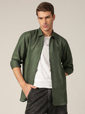 Green: Spread Collar Casual Linen Shirt