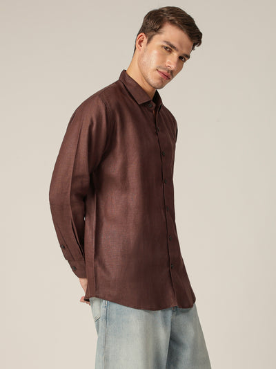 Brown: Spread Collar Casual Linen Shirt