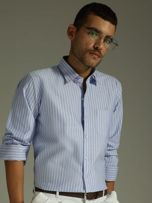 Sky Blue & White: Vertical Stripes Formal Shirt