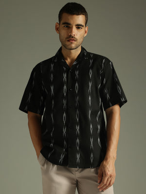 Black: Ikat Embroidered Casual Shirt