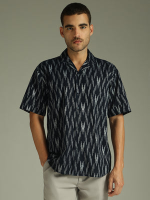 Blue: Ikat Embroidered Oversized Casual Shirt