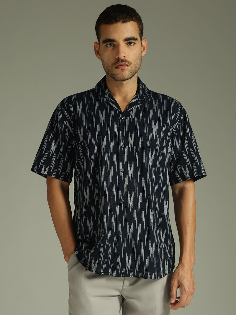 Blue: Ikat Embroidered Oversized Casual Shirt