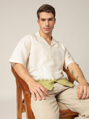 Off White & Green: Colourblocked Drop-Shoulder Oversized Casual Shirt