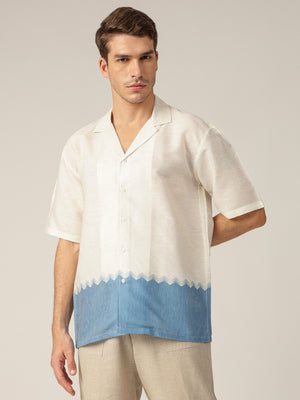 Off White & Blue: Colourblocked Drop-Shoulder Oversized Casual Shirt