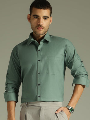 Olive Green: Spread Collar Casual Shirt