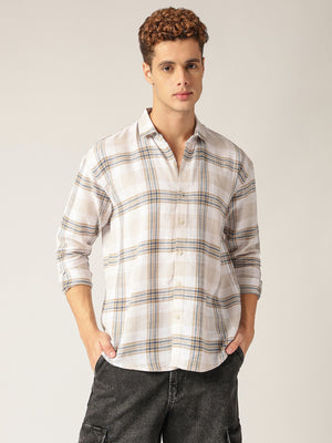 White & Beige: Checkered Drop-Shoulder Oversized Casual Shirt