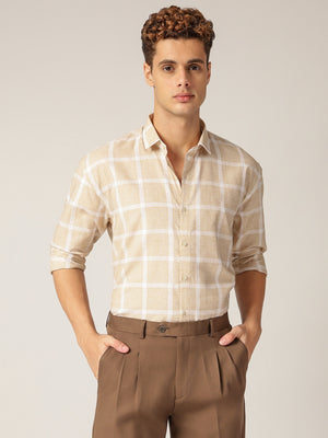 Beige & Cream: Checkered Drop-Shoulder Oversized Casual Shirt