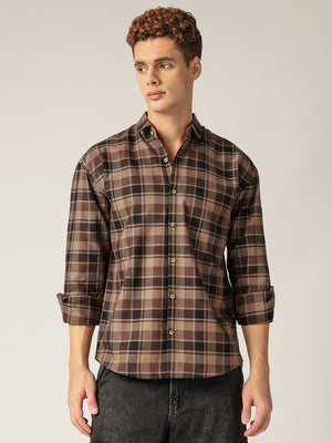 Brown: Checkered Drop-Shoulder Oversized Casual Shirt