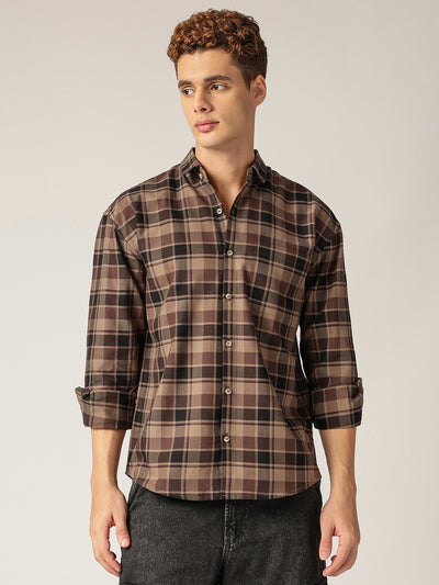 Brown: Checkered Drop-Shoulder Oversized Casual Shirt