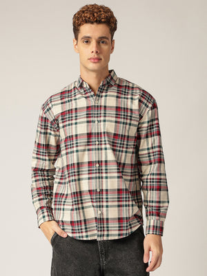Green & Cream: Checkered Drop-Shoulder Oversized Casual Shirt