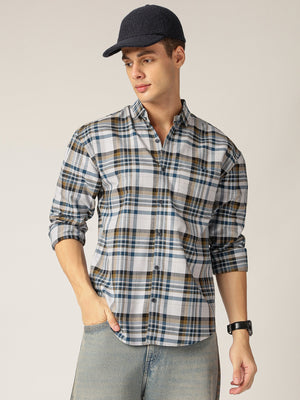 Blue & Grey: Checkered Drop-Shoulder Oversized Casual Shirt