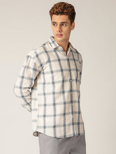 Off White & Blue: Checkered Drop-Shoulder Oversized Casual Shirt