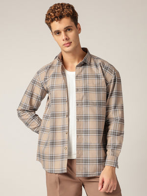 Grey: Checkered Drop-Shoulder Oversized Casual Shirt