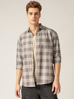 Grey: Checkered Drop-Shoulder Oversized Casual Shirt