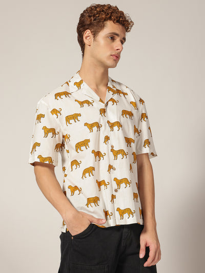 White: Animal Block Printed Drop Shoulder Oversized Shirt