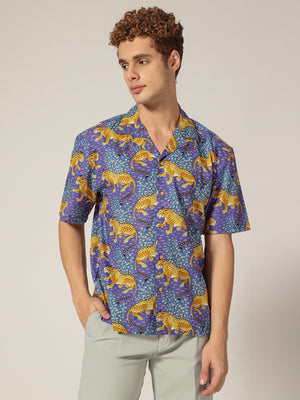 Blue: Tropical & Animal Block Printed Drop Shoulder Oversized Shirt