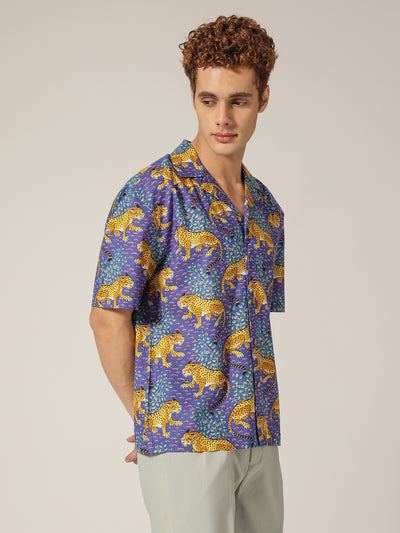 Blue: Tropical & Animal Block Printed Drop Shoulder Oversized Shirt