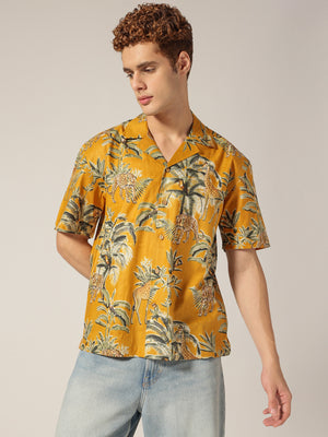 Mustard: Tropical Block Printed Drop Shoulder Oversized Shirt