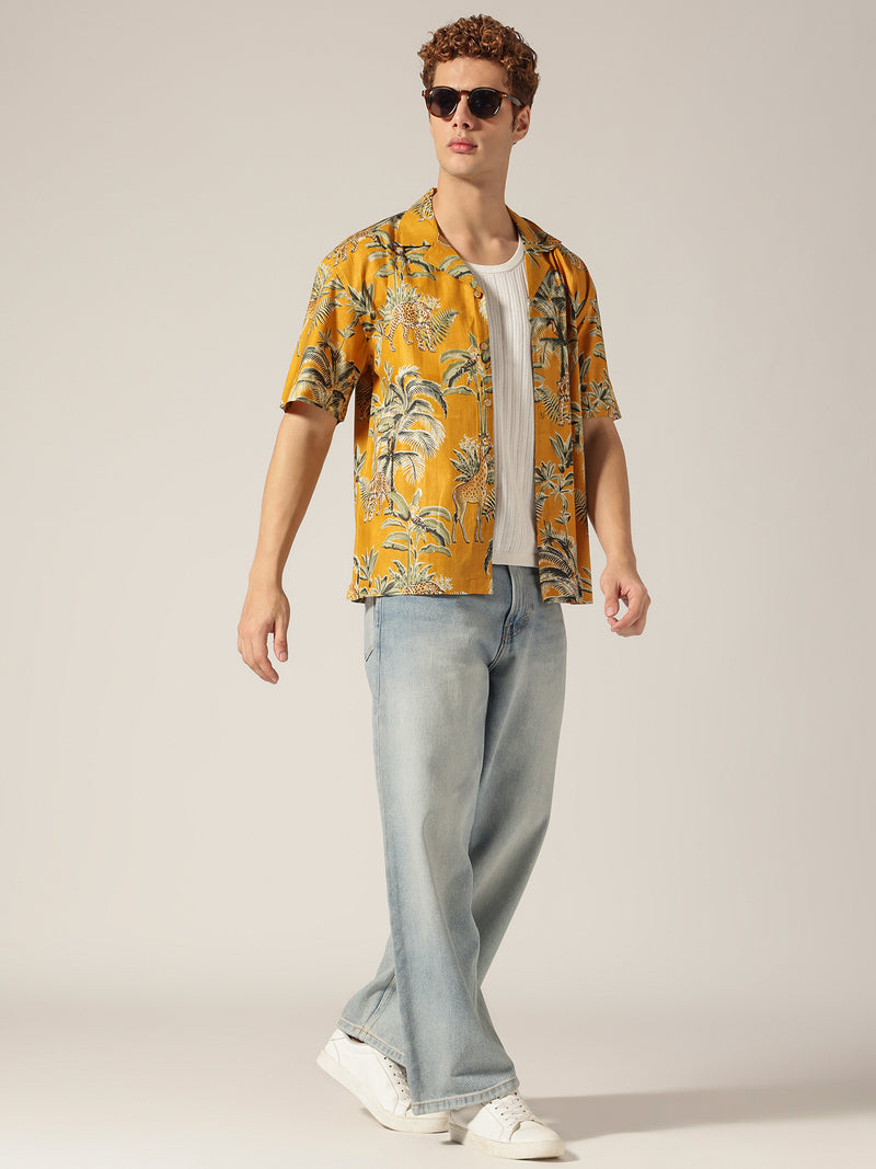 Mustard: Tropical Block Printed Drop Shoulder Oversized Shirt