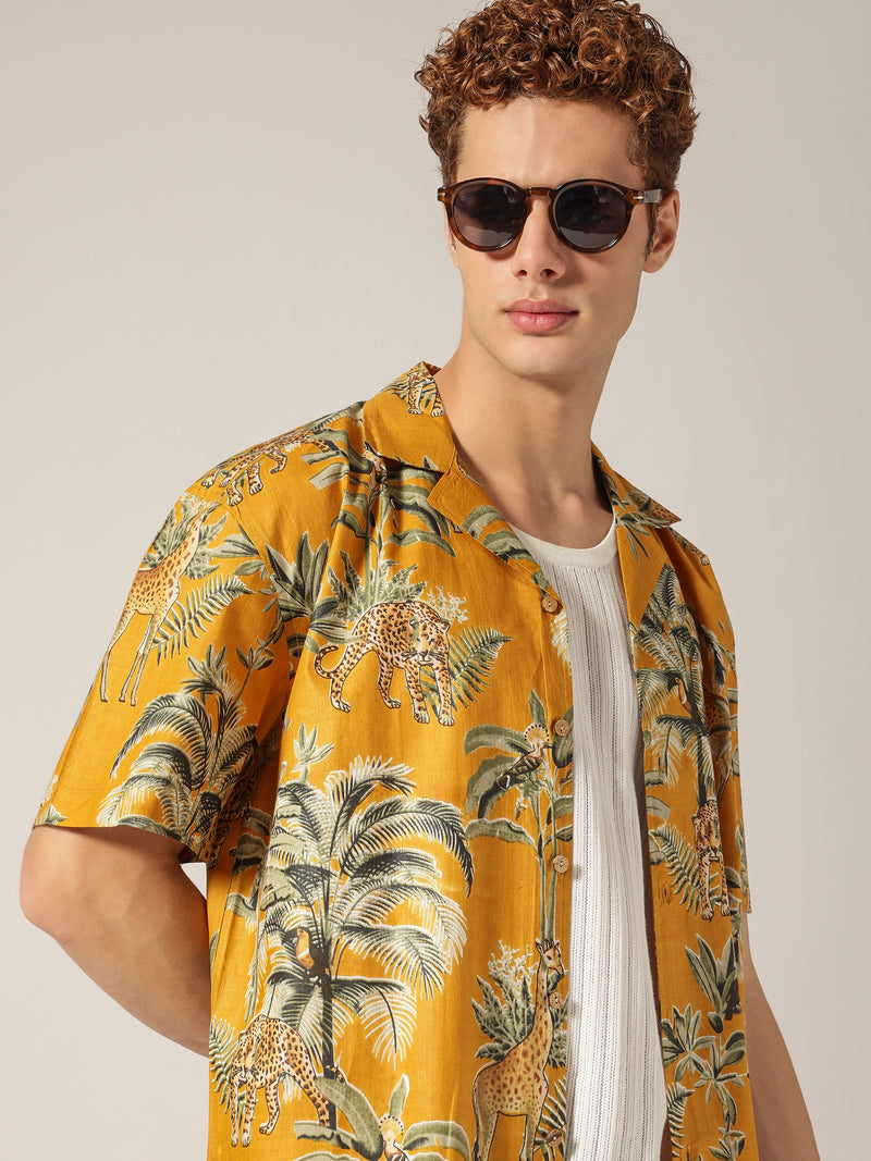 Mustard: Tropical Block Printed Drop Shoulder Oversized Shirt
