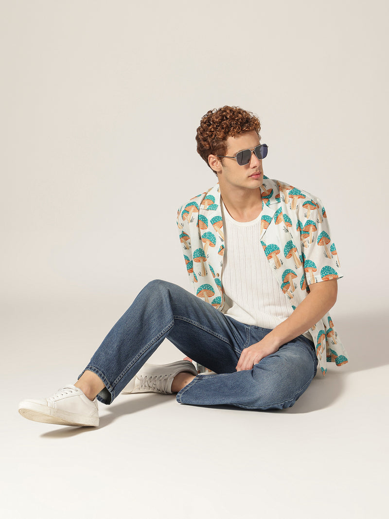 White & Blue: Tropical Block Printed Drop Shoulder Oversized Shirt