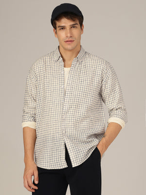 Cream & Blue: Checkered Button-Down Collar Casual Shirt