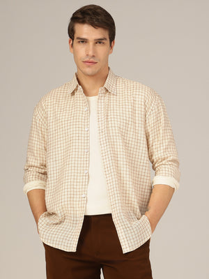 Cream & Brown: Checkered Button-Down Collar Casual Shirt
