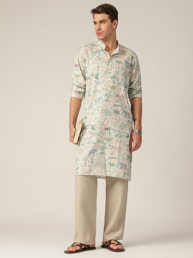 Cream: Tropical Printed Mandarin Collar Casual Kurta