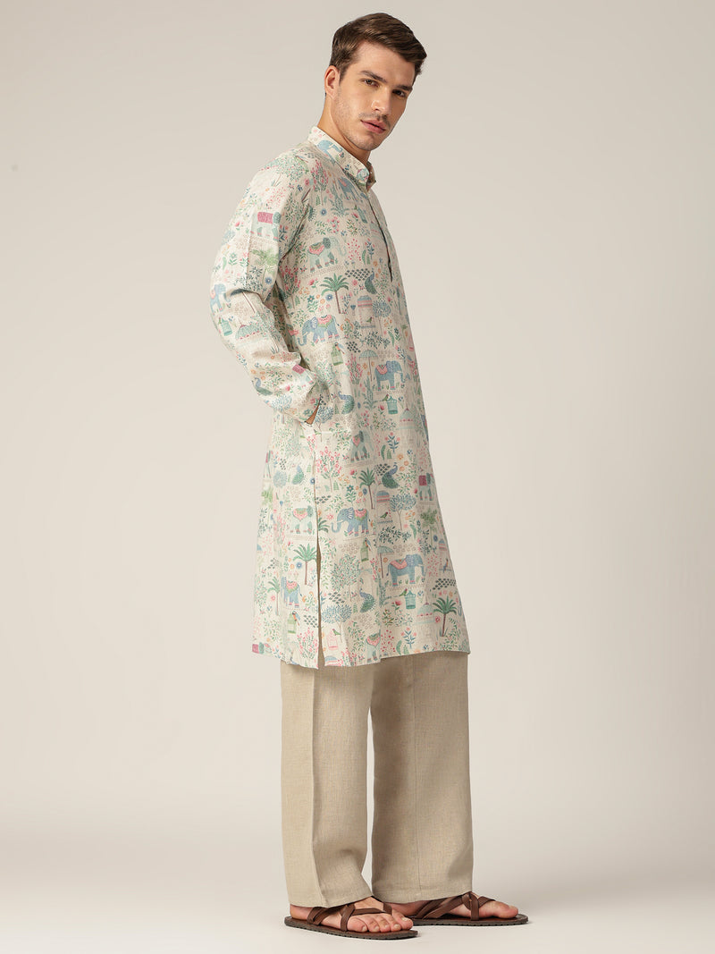 Cream: Tropical Printed Mandarin Collar Casual Kurta