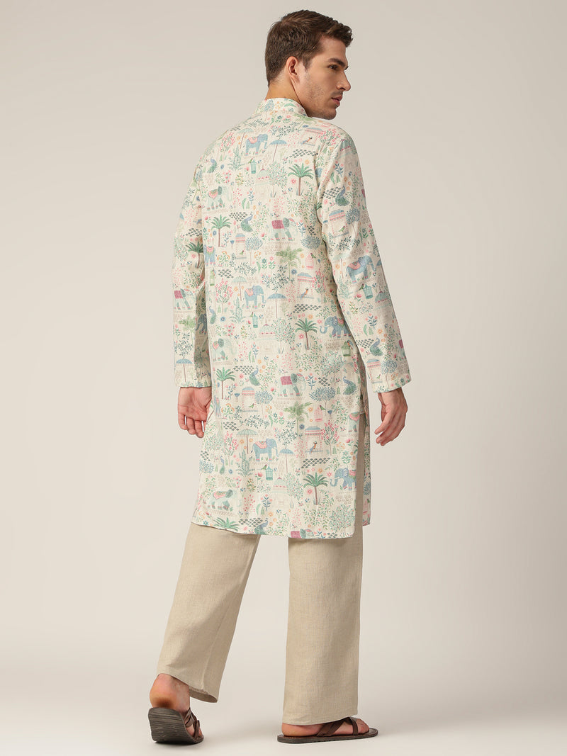 Cream: Tropical Printed Mandarin Collar Casual Kurta
