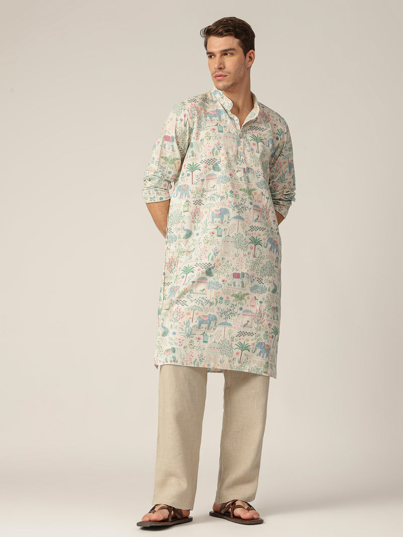 Cream: Tropical Printed Mandarin Collar Casual Kurta