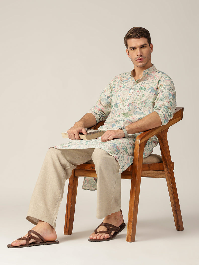 Cream: Tropical Printed Mandarin Collar Casual Kurta