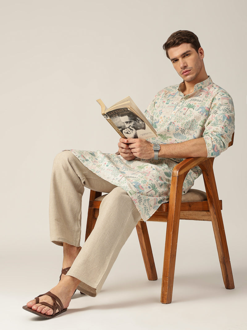 Cream: Tropical Printed Mandarin Collar Casual Kurta