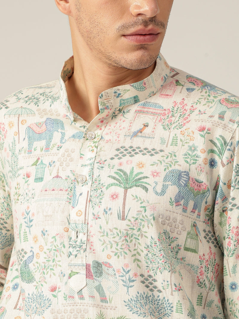 Cream: Tropical Printed Mandarin Collar Casual Kurta